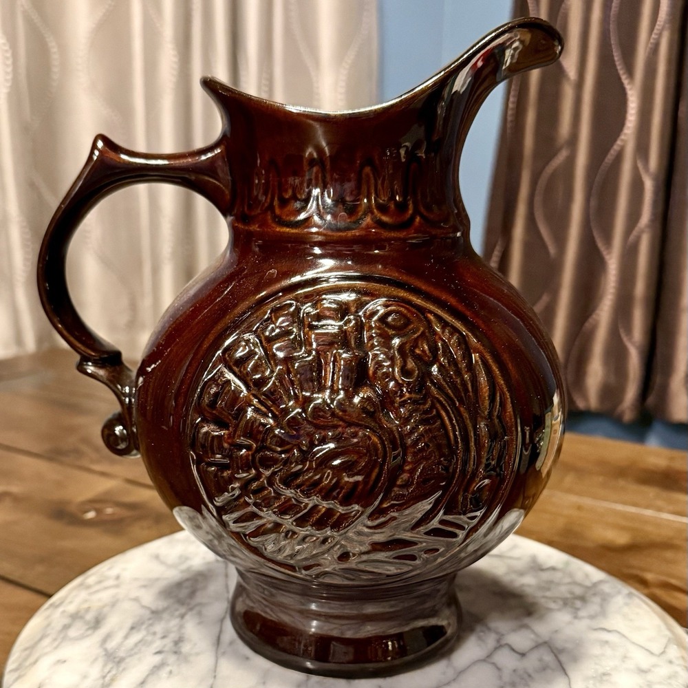 VTG‎ 1960s MCM McCoy Glossy Brown Turkey Embossed Pitcher Thanksgiving Holiday
